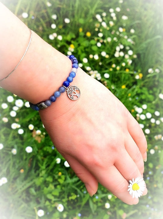 Bracelet Bouddha et Arbre de Vie en perles de pierres naturelles d'Aventurine bleue