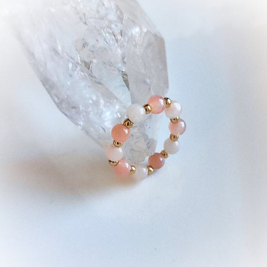Bague en perles de pierres naturelles d'Aventurine rose et Pierre de soleil 🌞