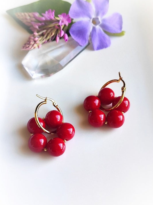 Créoles "Fleurs🌼 interchangeables" en perles de Corail rouge